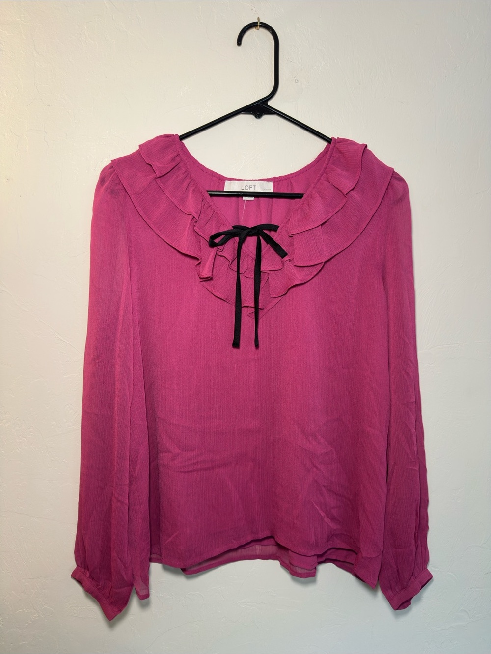 LOFT Magenta Ruffle Tie-Neck Blouse NWT